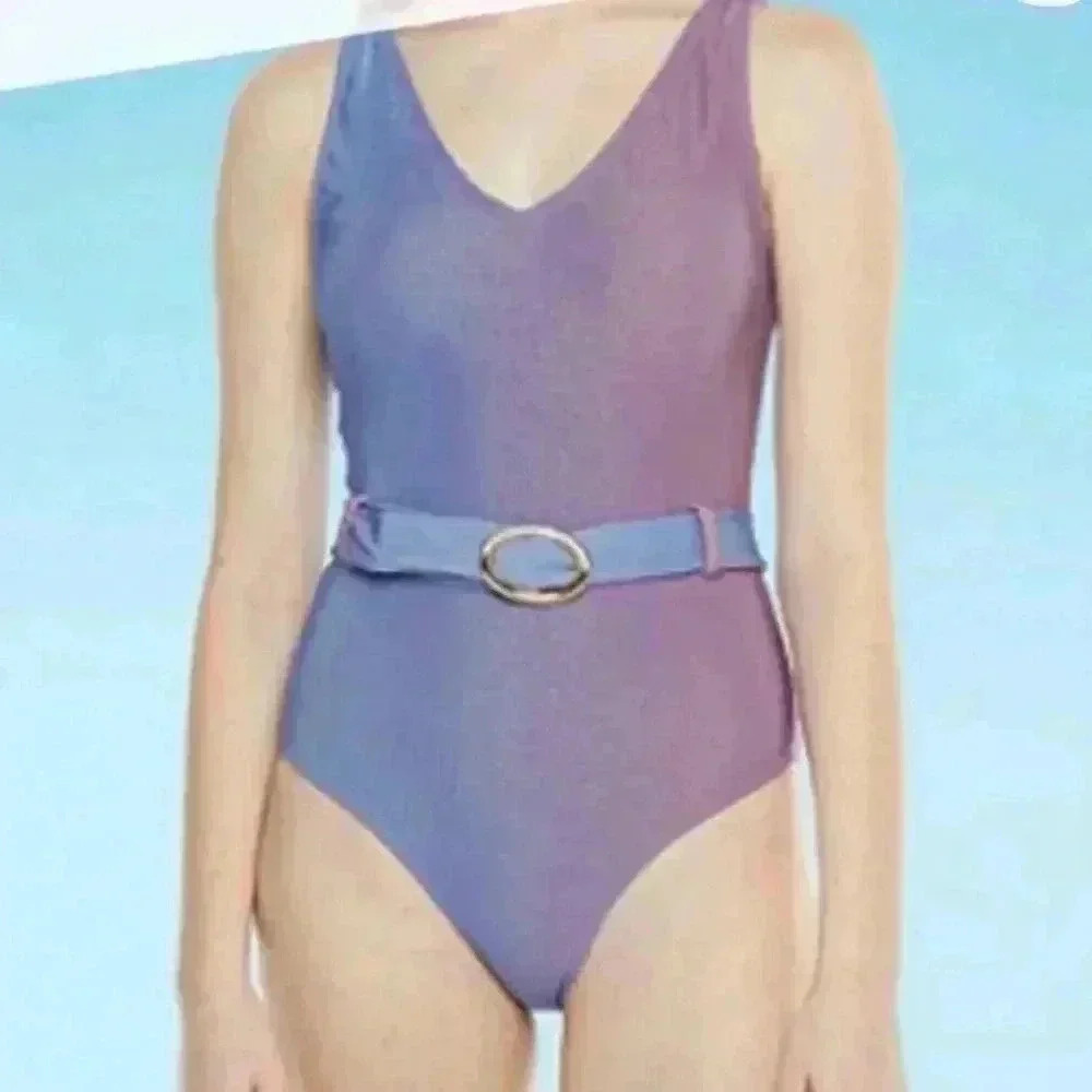 Mynah Womens Metallic Textured One Piece Swimsuit sz M purple/pink ombré belted